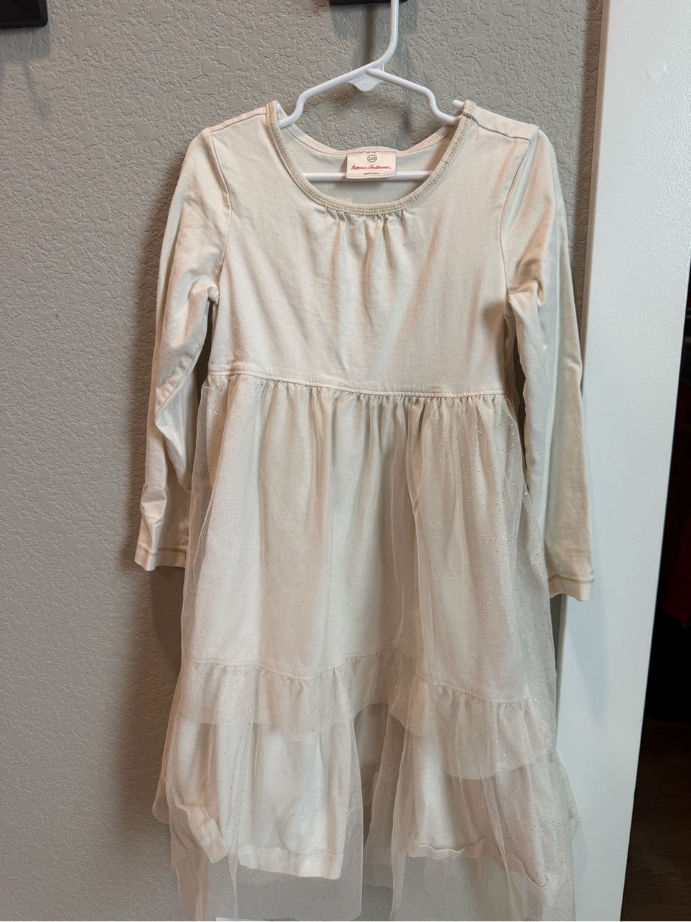 Hanna Andersson Sparkle Cream Tulle Tiered Long Sleeve Dress